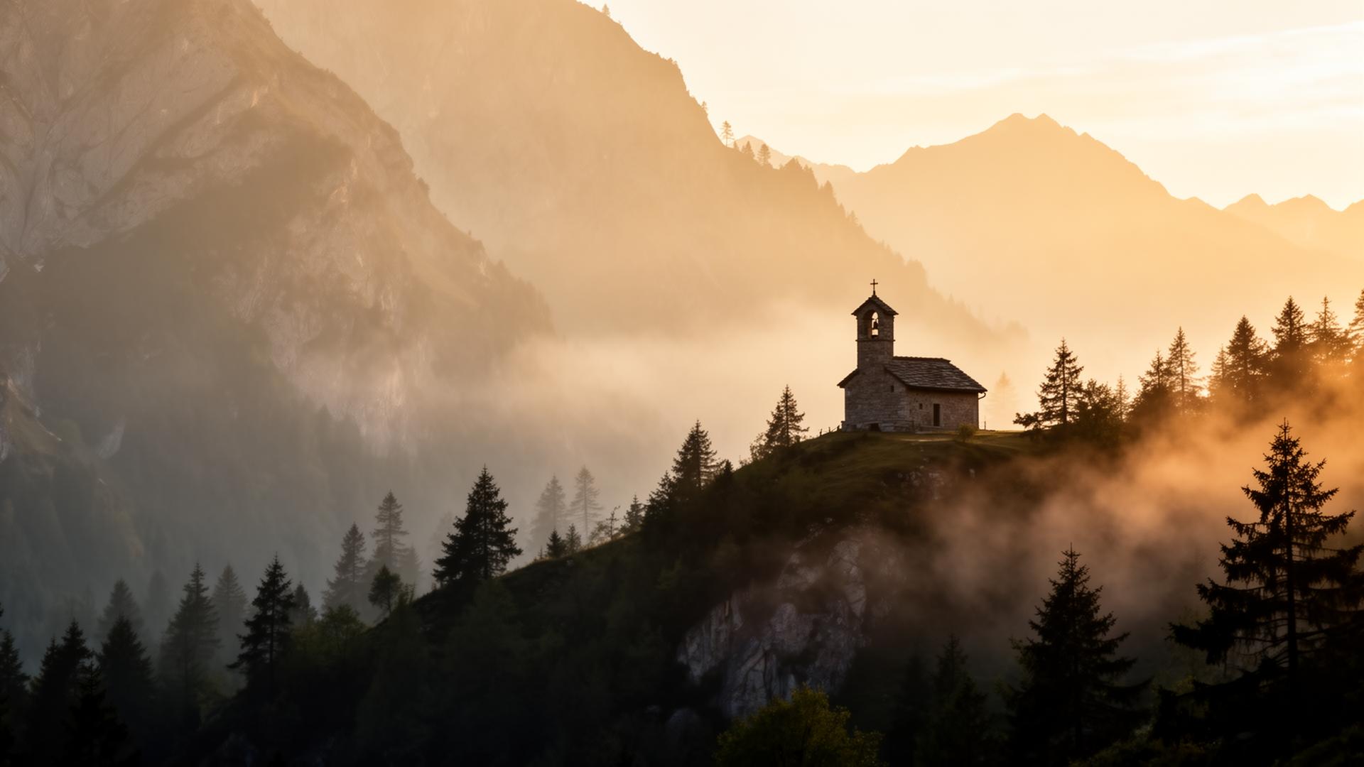 Eremo immerso nelle montagne all'alba
